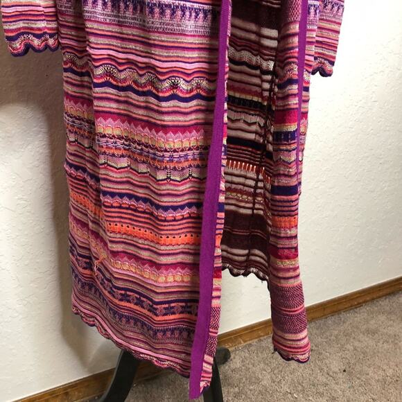 Chicos pink purple stripe crochet knit open front long cardigan size 2 or Medium - Picture 4 of 15